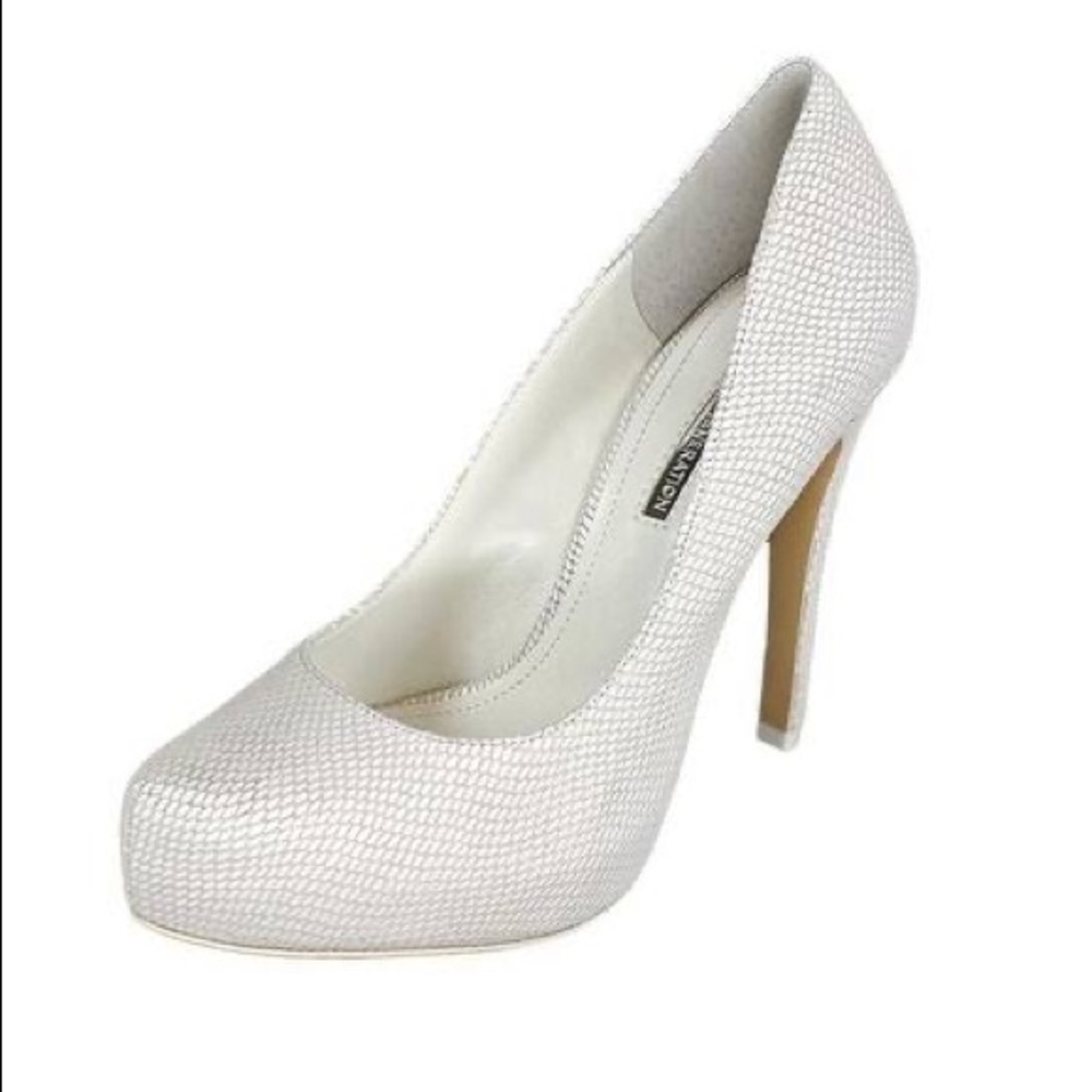 BCBGeneration White Snakeskin Pointed Toe Pumps